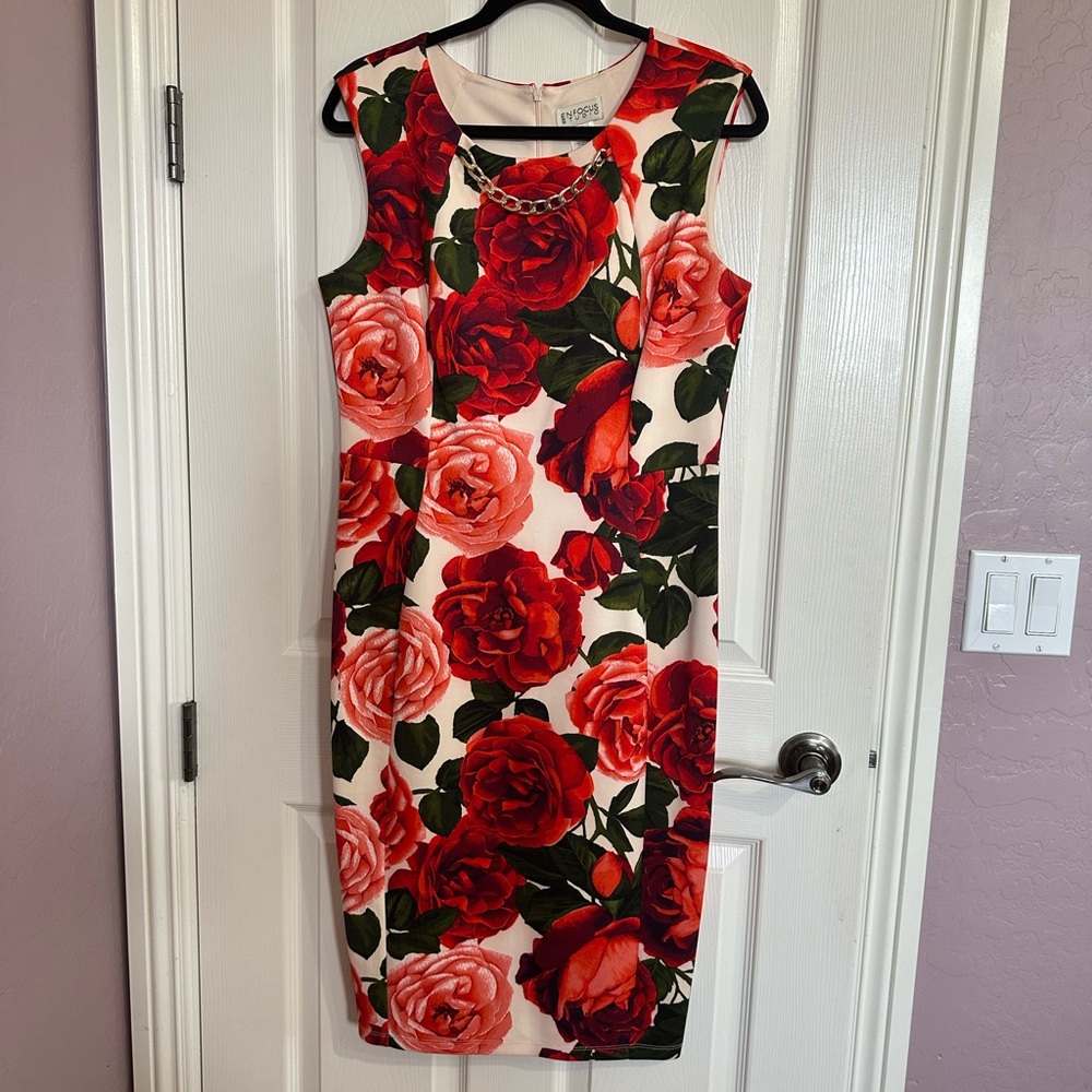 LIKE NEW Enfocus Studio Red and Pink Floral Midi Dress